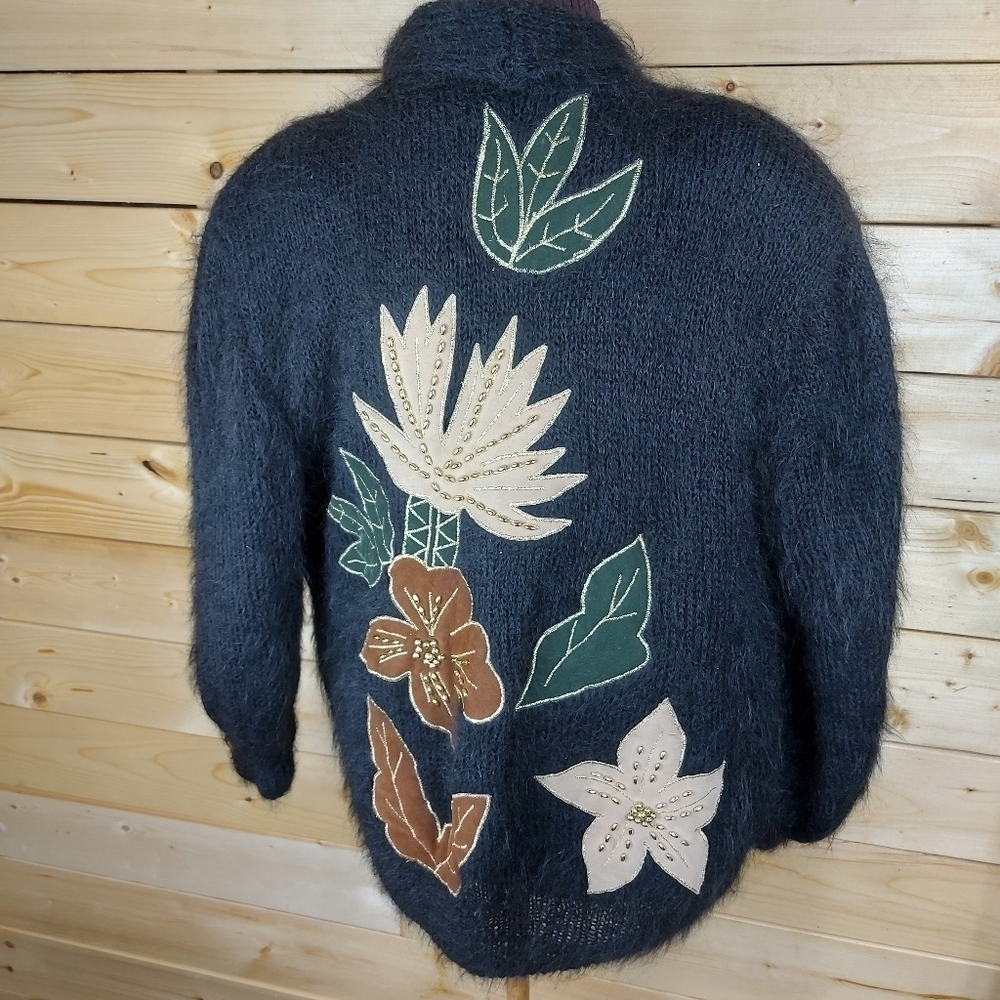 FUZZY Mohair blend cardigan coat flowers embroidery